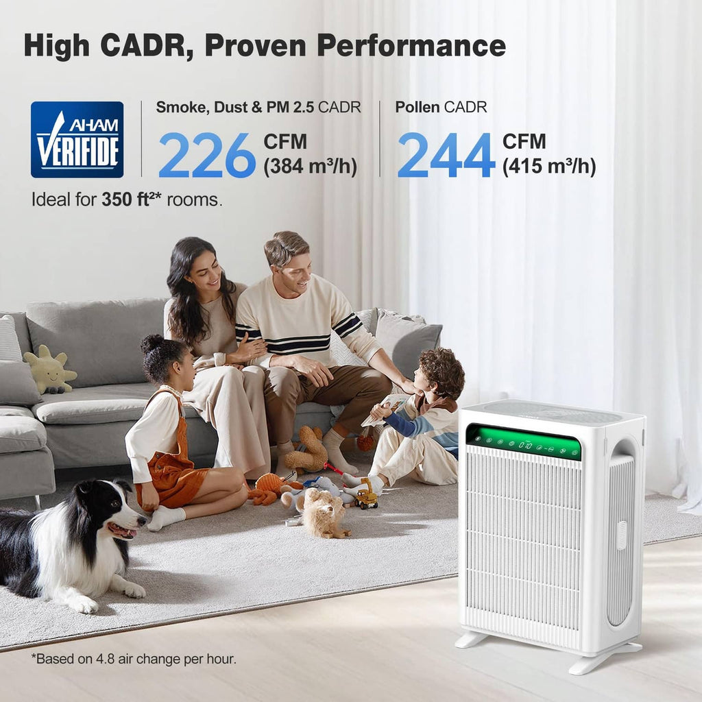 White air purifier with green-lit display and side air intake vent