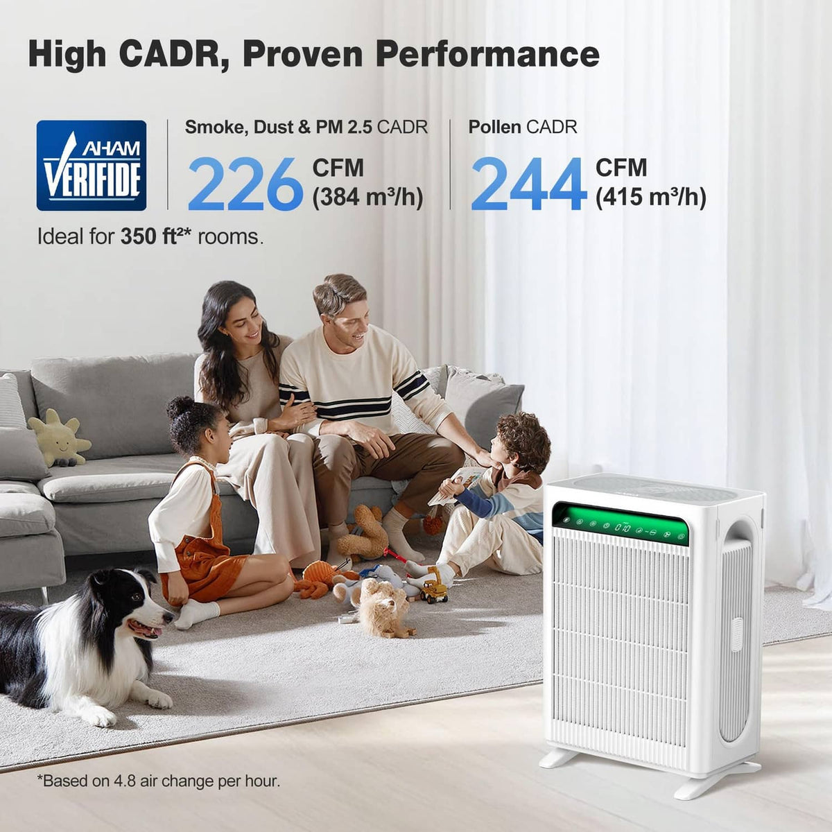 White air purifier with green-lit display and side air intake vent