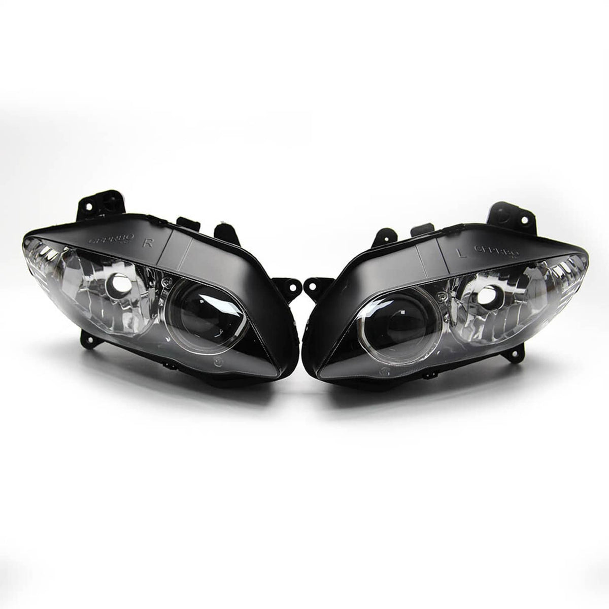 Front headlight assembly with upper stay bracket, pair of black housing lights