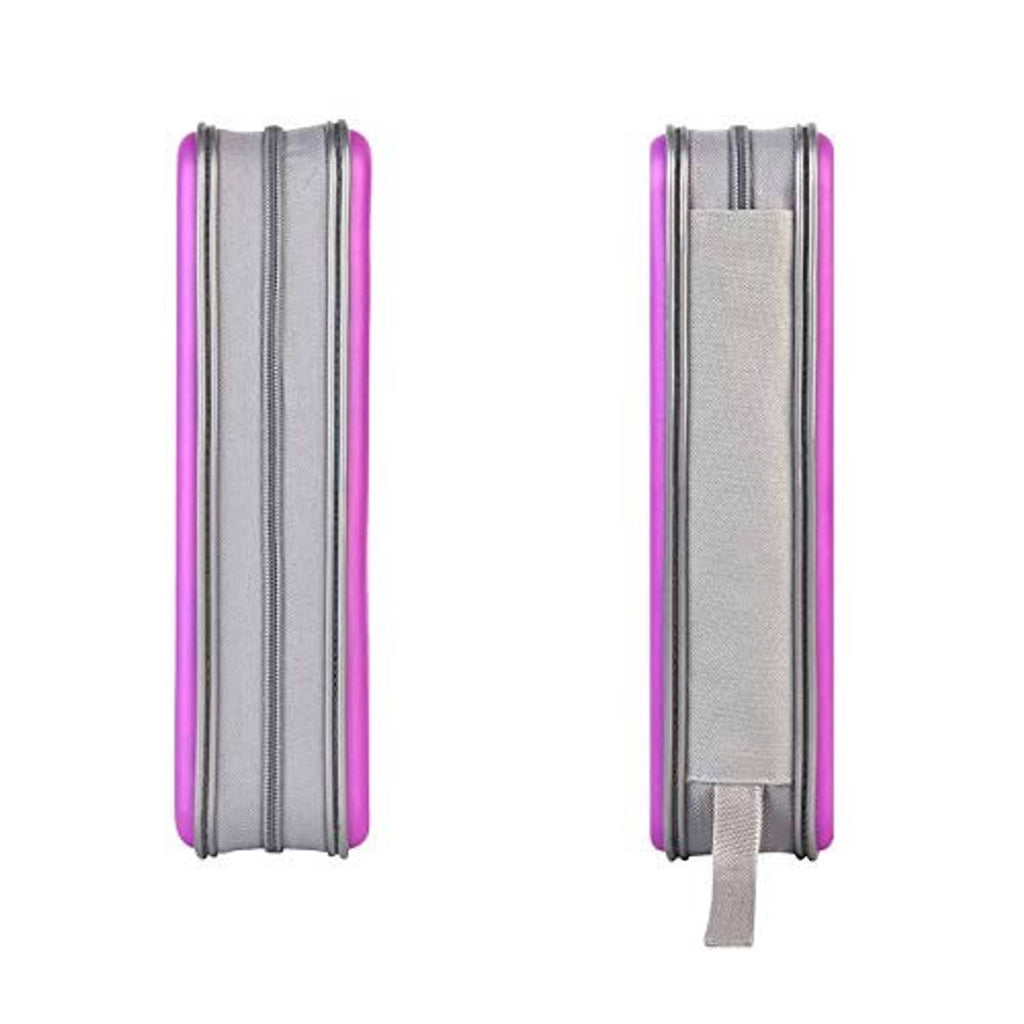 Purple hard plastic CD case with silver trim, side view and flip-open strap tab