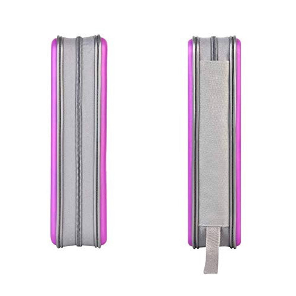 Purple hard plastic CD case with silver trim, side view and flip-open strap tab