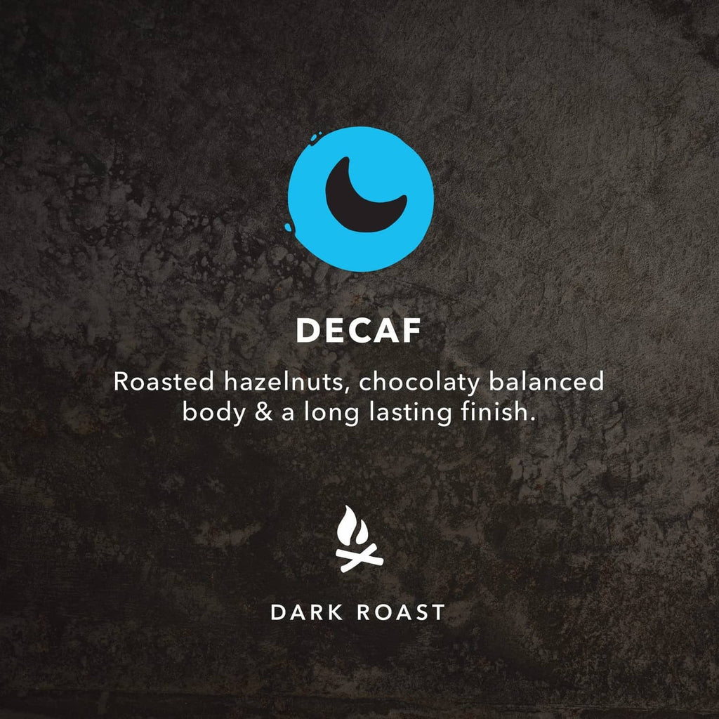 Decaf dark roast coffee bag label panel with Decaf and Dark Roast icons