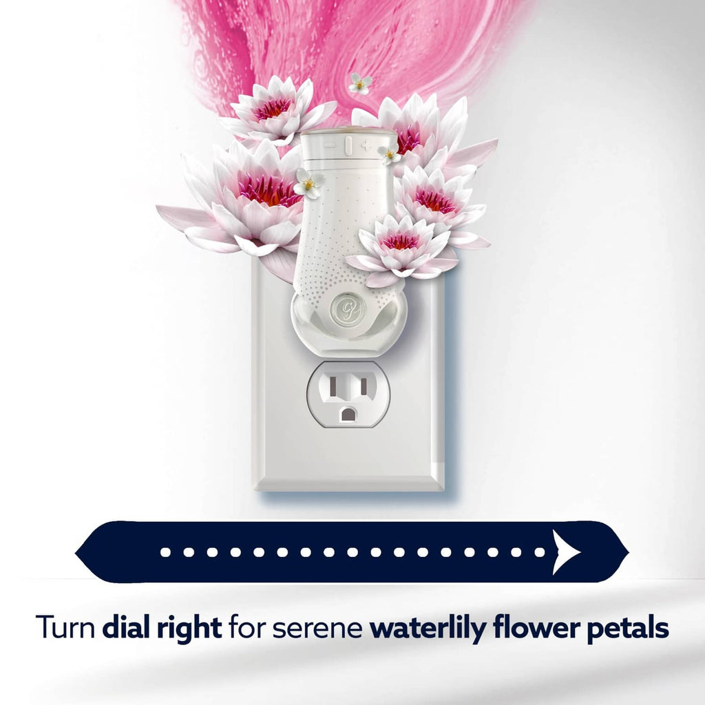 Glade CustomScent plug-in refill with serene waterlily flower petals, dial right