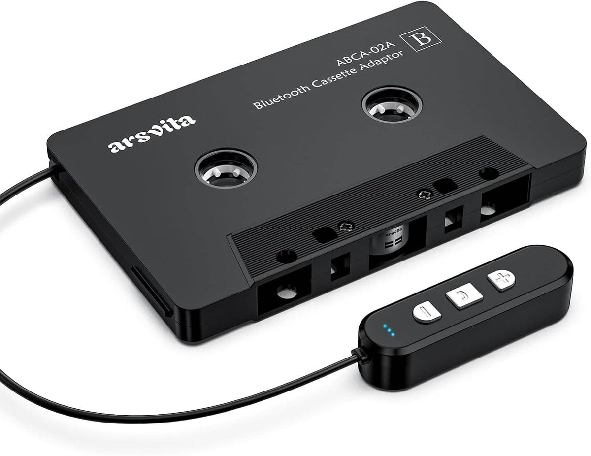 Black Bluetooth cassette adapter with cassette connectors and small control module