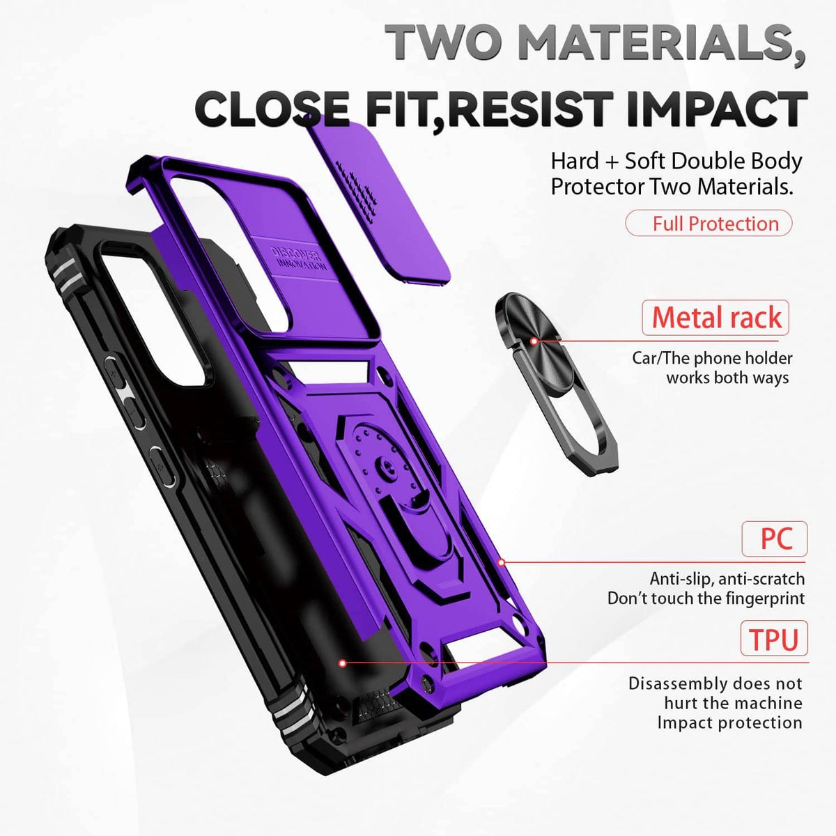 Purple rugged phone case with metal rack and black double-layer protective shell