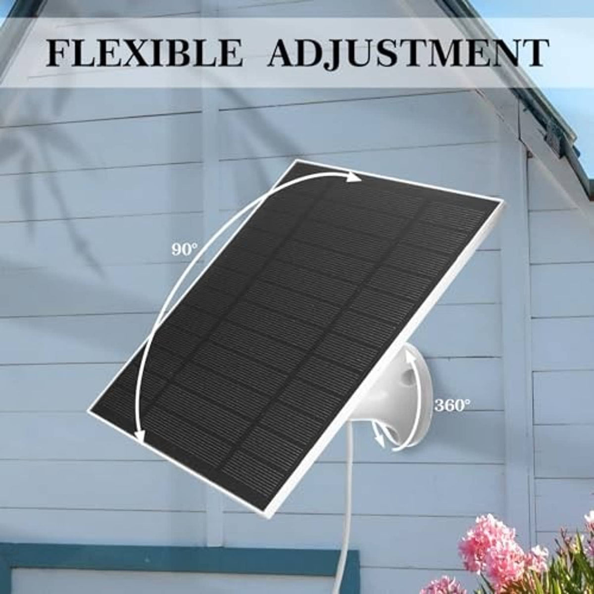 Adjustable black solar panel mounted on exterior wall with wall bracket and cord