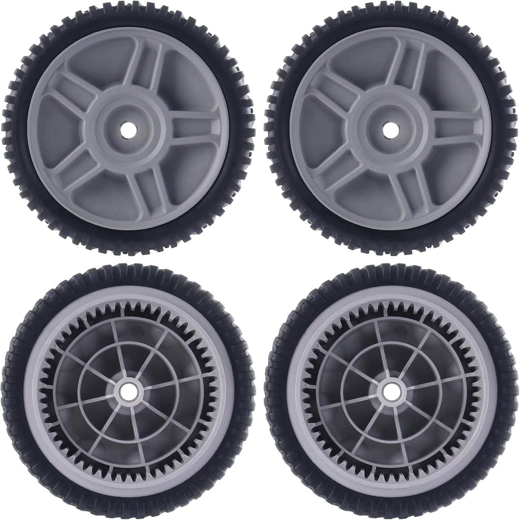 Four-pack push mower drive wheels with gray hubs and black rubber tires