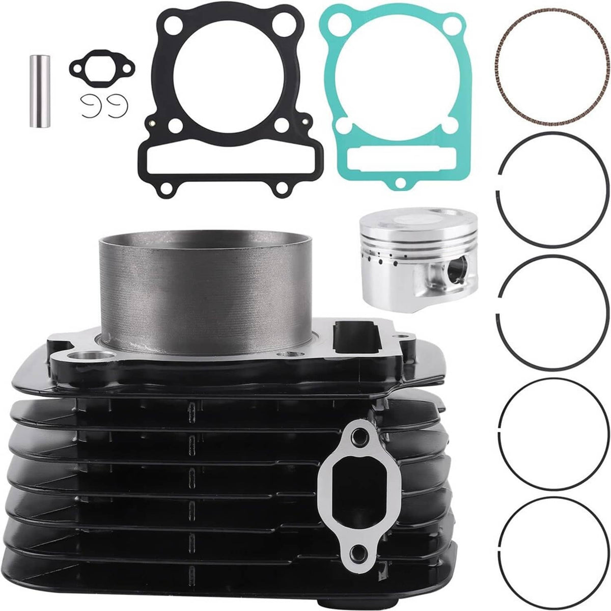 Cylinder and gasket top-end rebuild kit parts, including cylinder, piston, and seals
