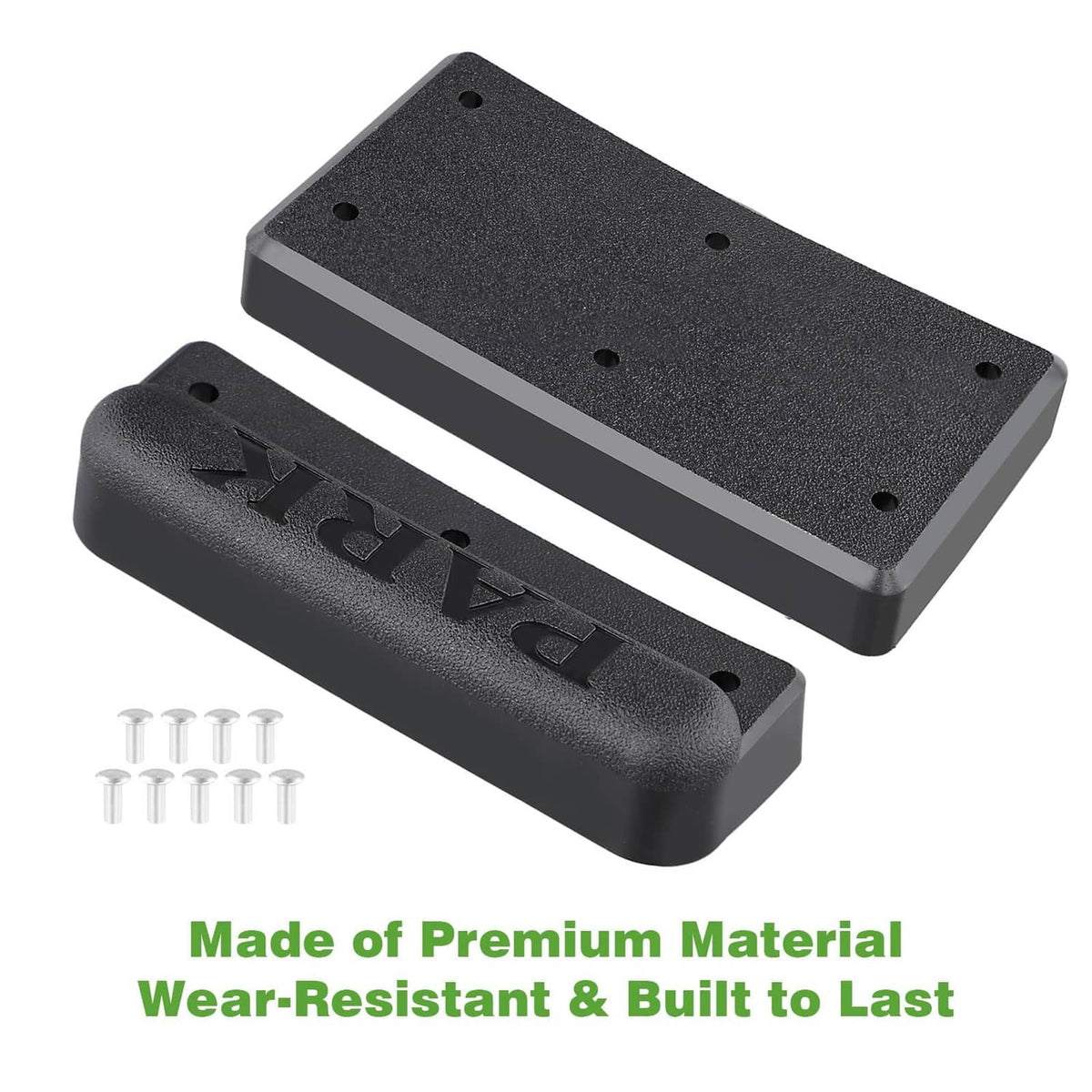 Black rubber brake pedal pads, pair with raised edges and drilled mounting holes
