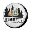 Round RV spare tire cover in white with camper and tree graphic, black border, “RV THERE YET?”