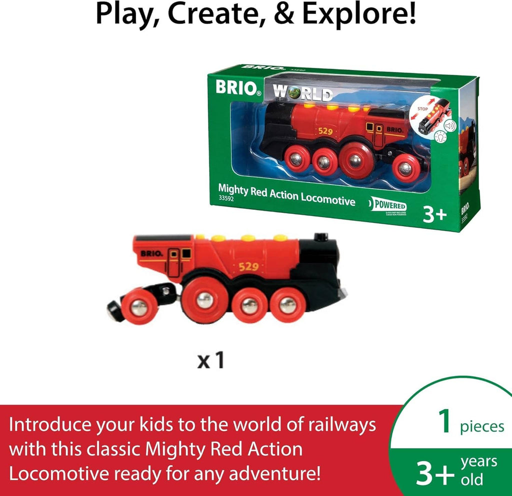 BRIO World boxed Mighty Red Action locomotive toy with red wheels and black engine front