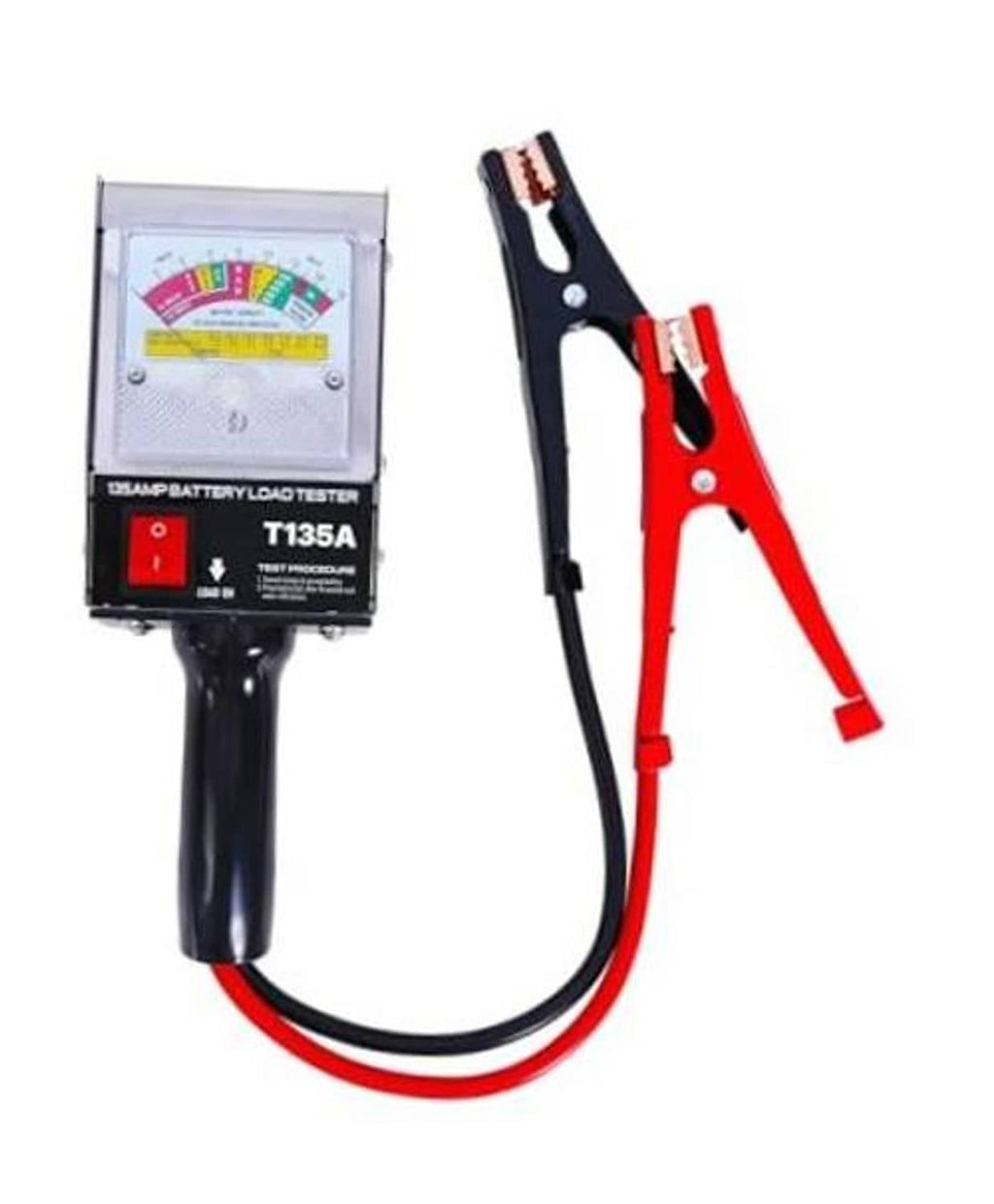 Handheld battery load tester with analog gauge and red/black clamp leads