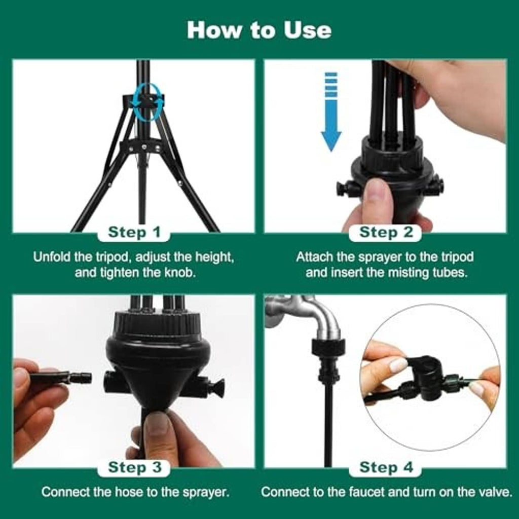 Misting stand how-to graphic showing tripod setup and connecting spray hose and tubes