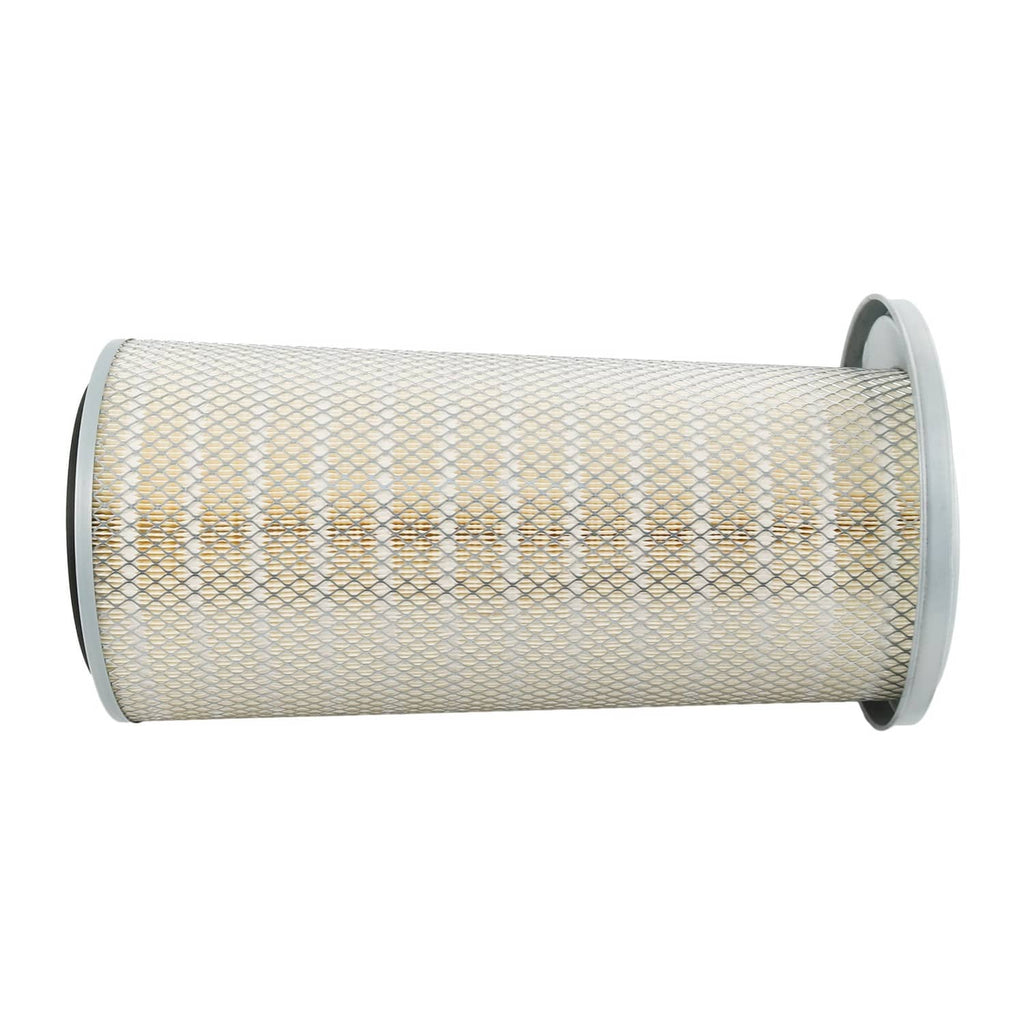 Cylindrical air filter element side view with pleated mesh and gray end rings