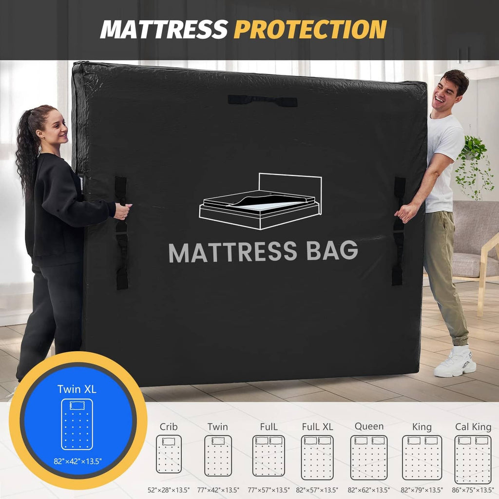 Black twin XL mattress bag with size label, handles, and large logo print