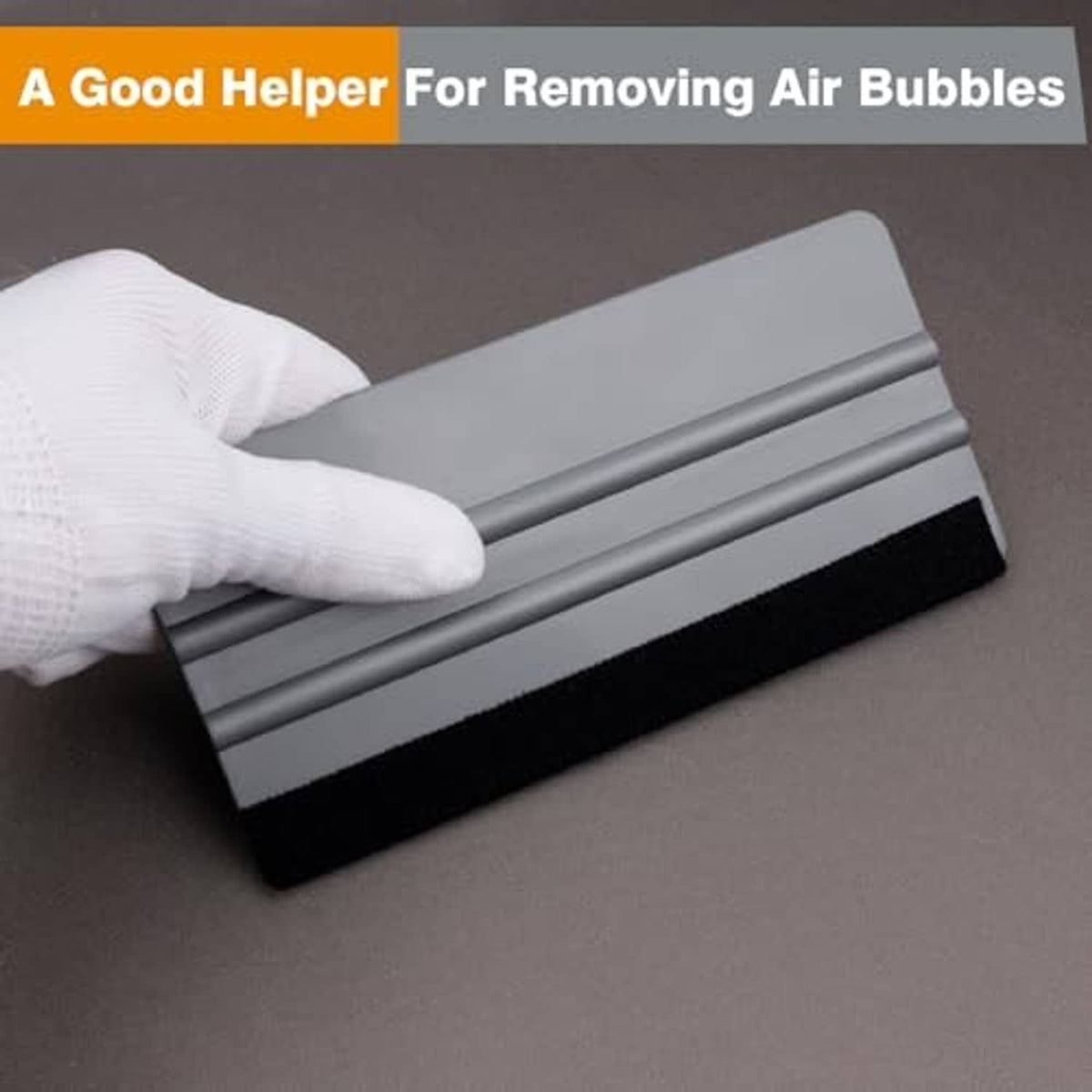 Window film squeegee with gray ridged bar and black felt wiping edge