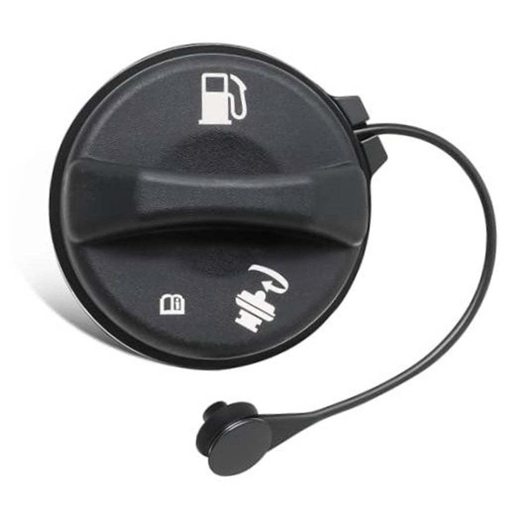 Round black gas cap with fuel pump symbols and attached pull cord