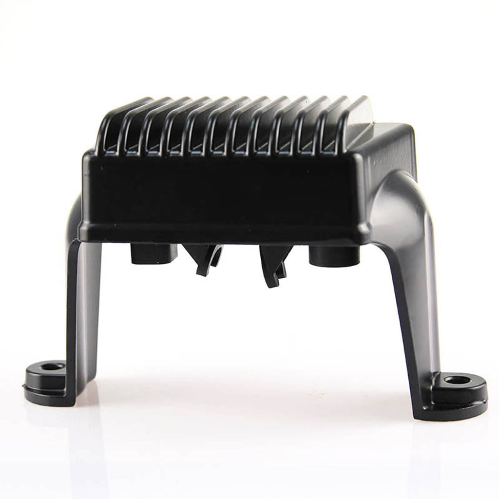 Motorcycle regulator rectifier with finned cooling housing and two mounting feet