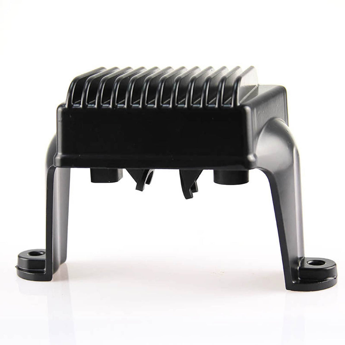 Motorcycle regulator rectifier with finned cooling housing and two mounting feet