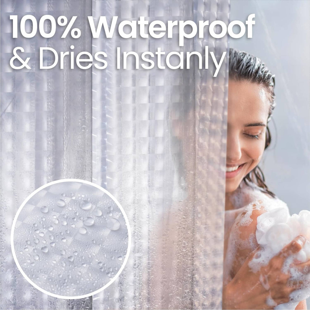 Clear PEVA shower liner with water droplets, textured surface