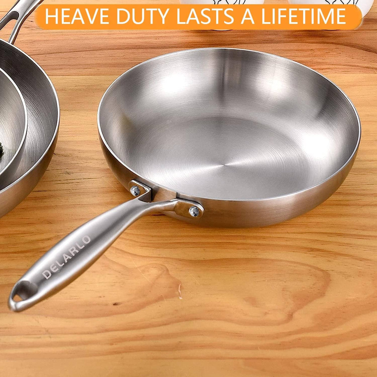 Stainless steel 8-inch frying pan with riveted handle, silver