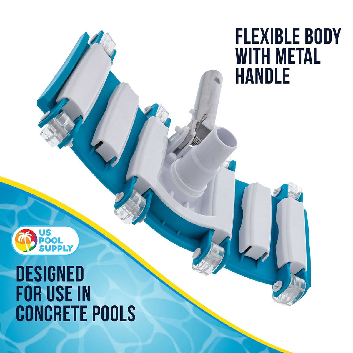 Manual pool vacuum head with flexible body and metal handle, white and teal