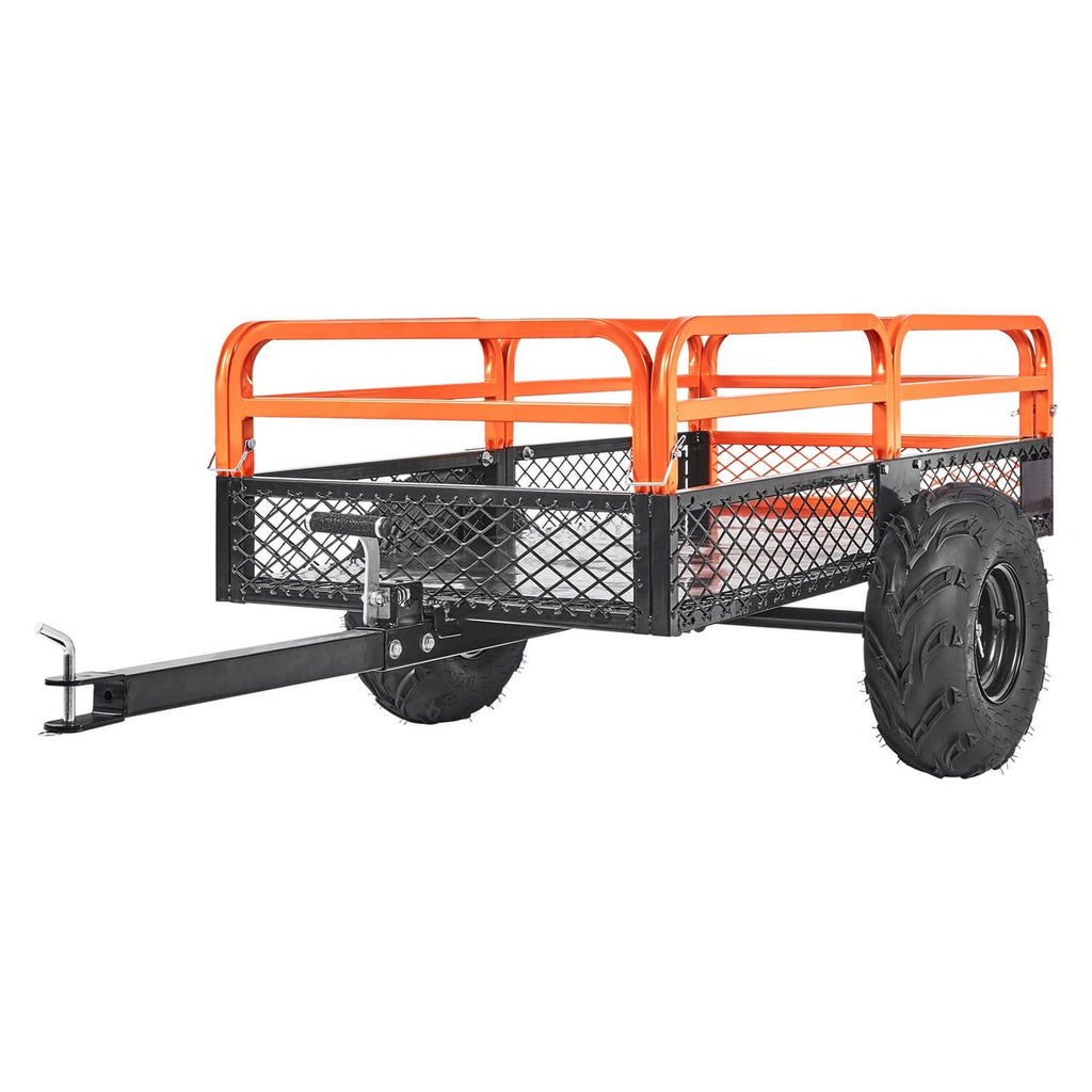 Orange steel tow-behind dump cart with black mesh side panels, rear latch, single large wheel