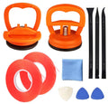 Screen repair tool set with suction cups, pry picks, tweezers, cloth, and tape rolls