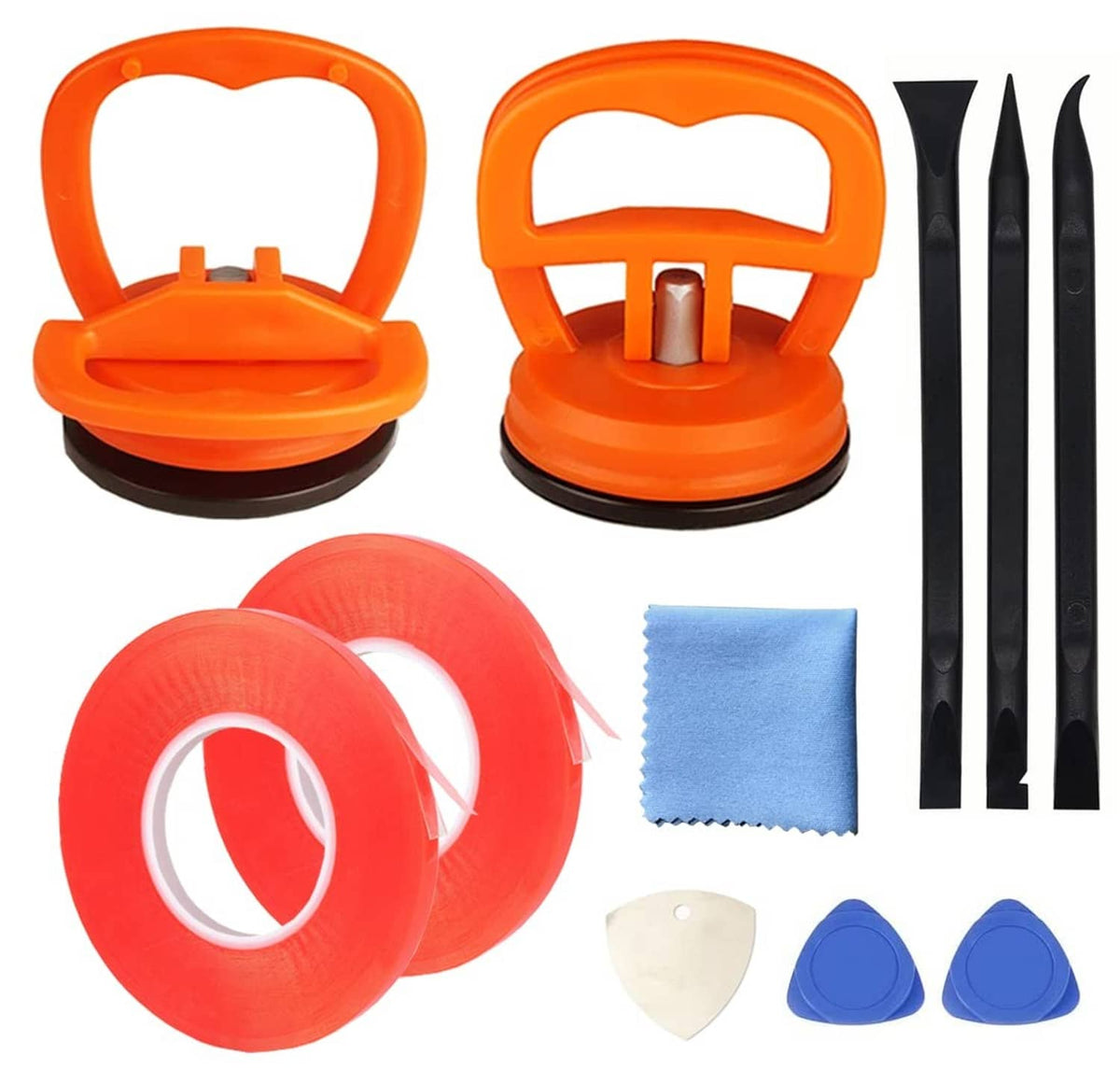 Screen repair tool set with suction cups, pry picks, tweezers, cloth, and tape rolls