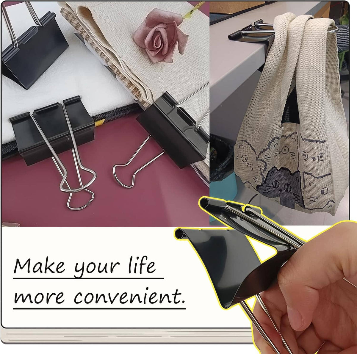 Black binder clips securing fabric and paper; hand adjusting a clip