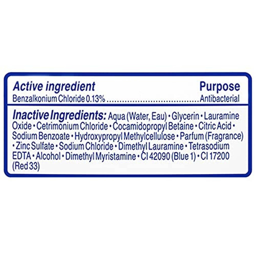 Antibacterial ingredient and purpose label panel: benzalkonium chloride 0.13%