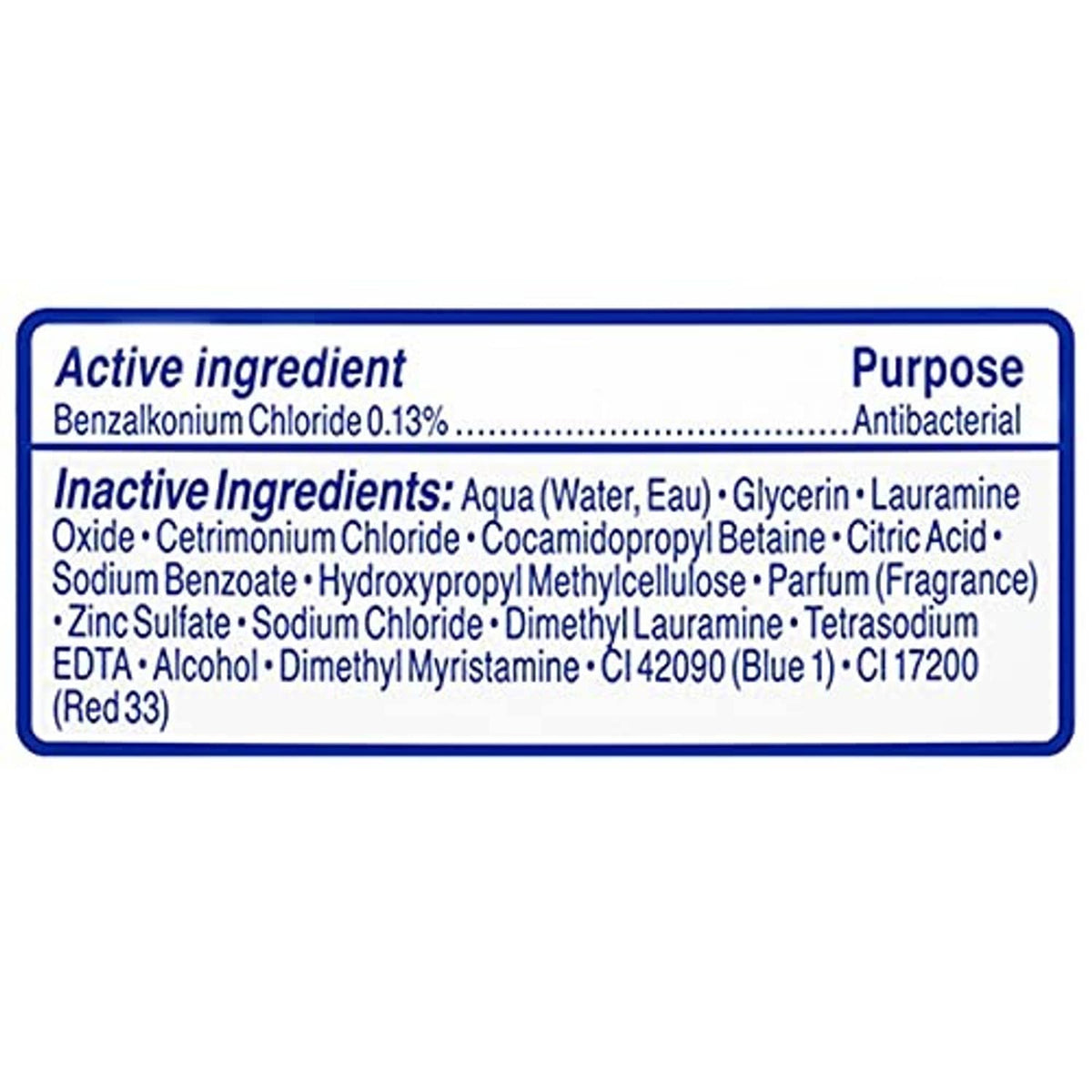 Antibacterial ingredient and purpose label panel: benzalkonium chloride 0.13%