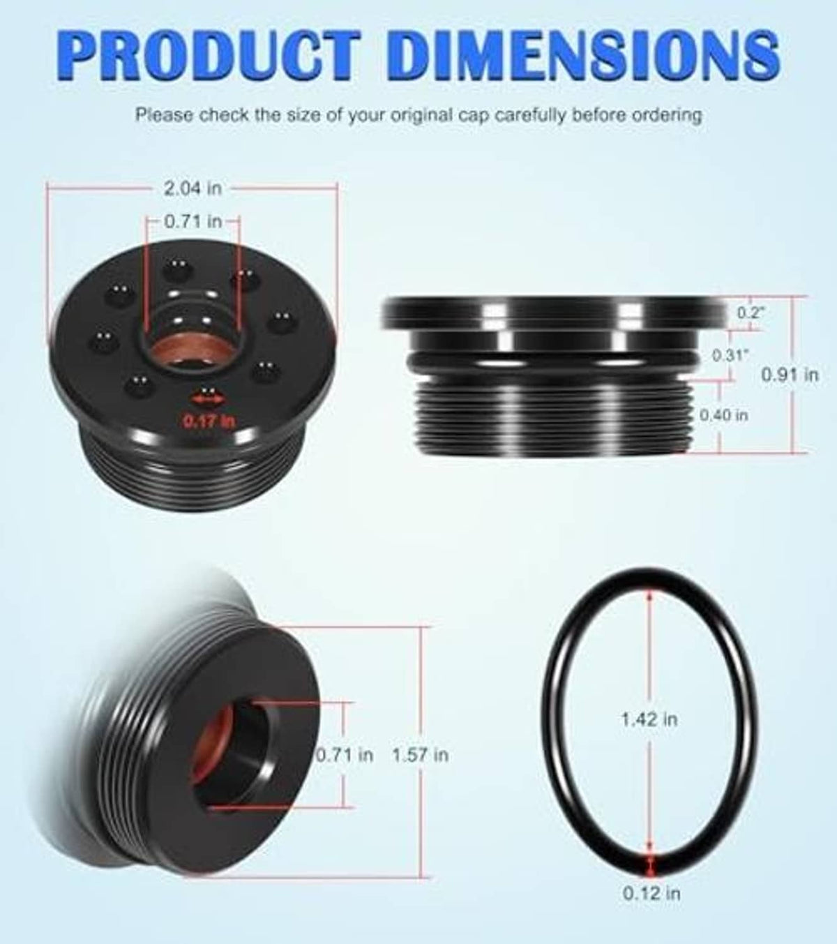 Black outboard trim cap cylinder with seals, with dimension diagram