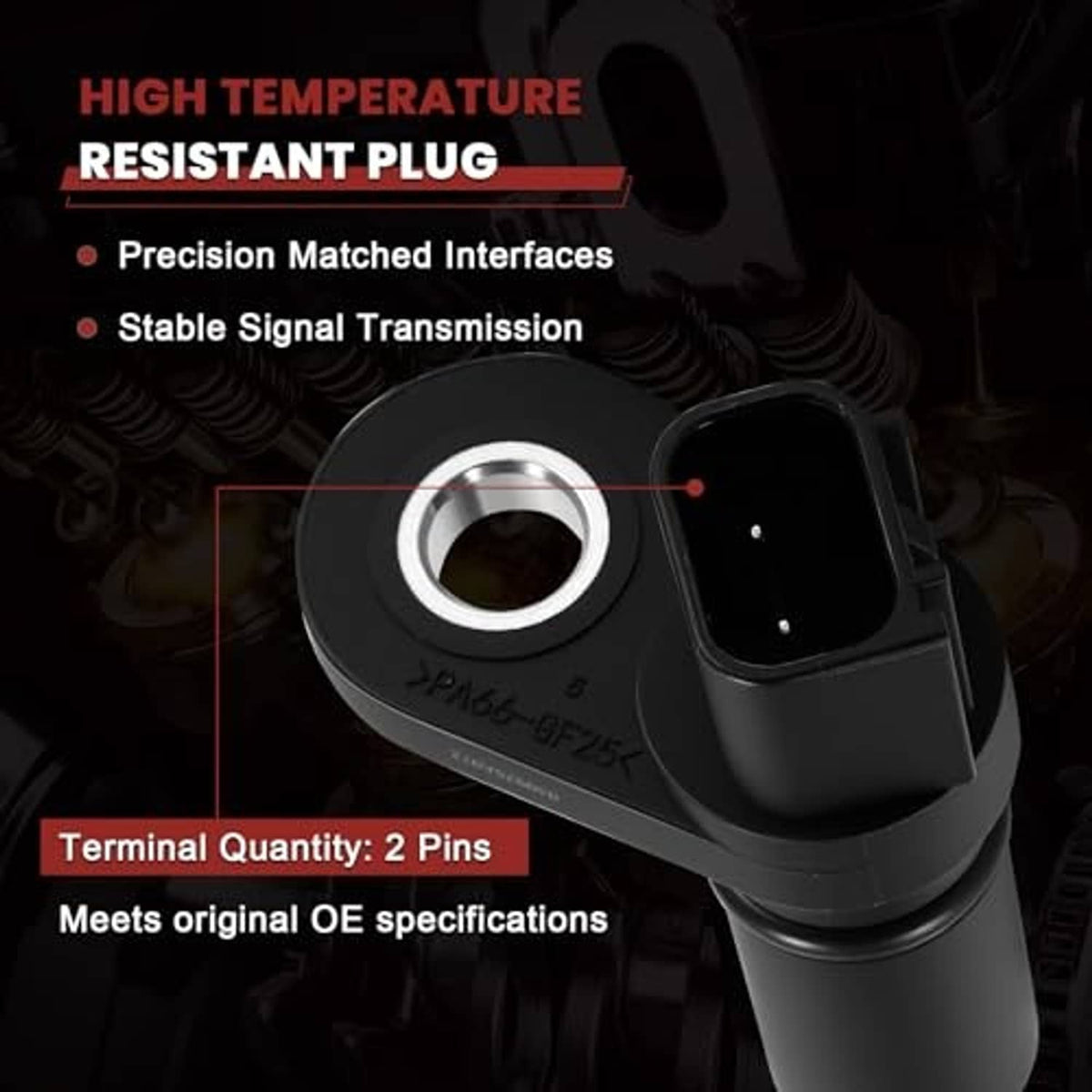 Black camshaft position sensor with metal terminal ring and electrical connector
