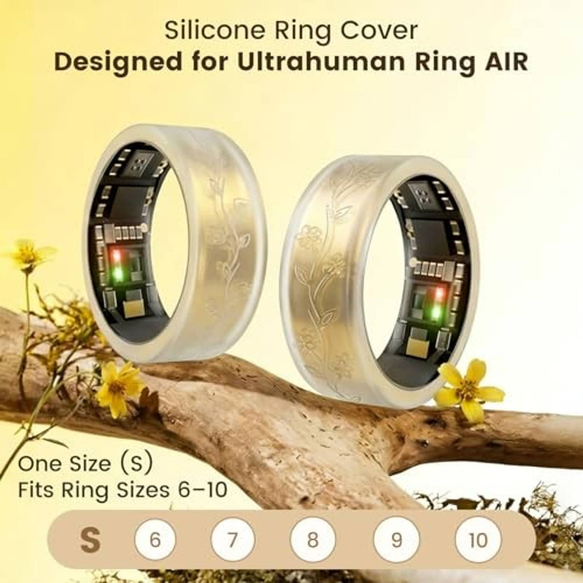 Pair of transparent and rose floral silicone ring covers with engraved patterns, size S.