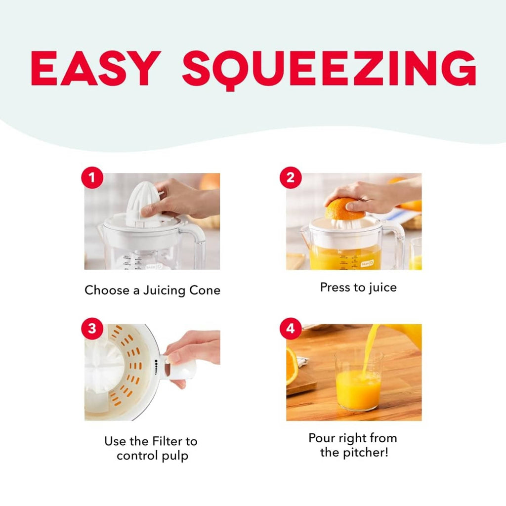 Citrus juicer setup showing white cone reamer inserted in the pitcher for squeezing