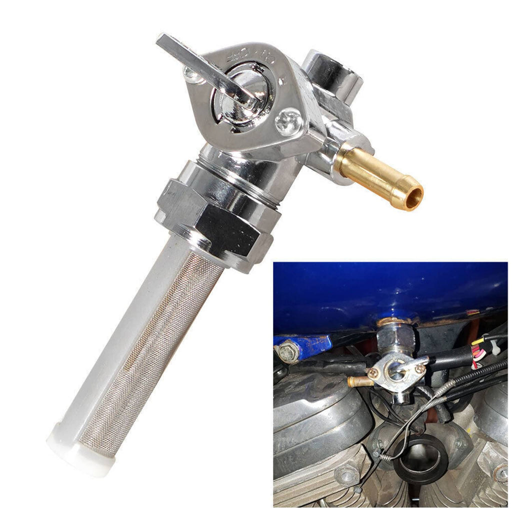 22mm fuel valve petcock with mesh filter and side spout outlet, chrome metal finish