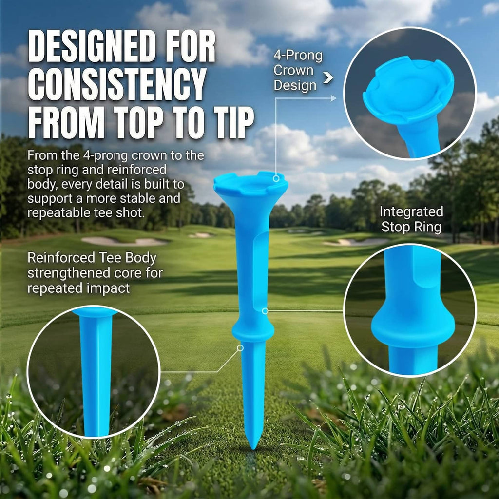 Blue stepped golf tee with reinforced body and integrated stop ring, 4-prong crown