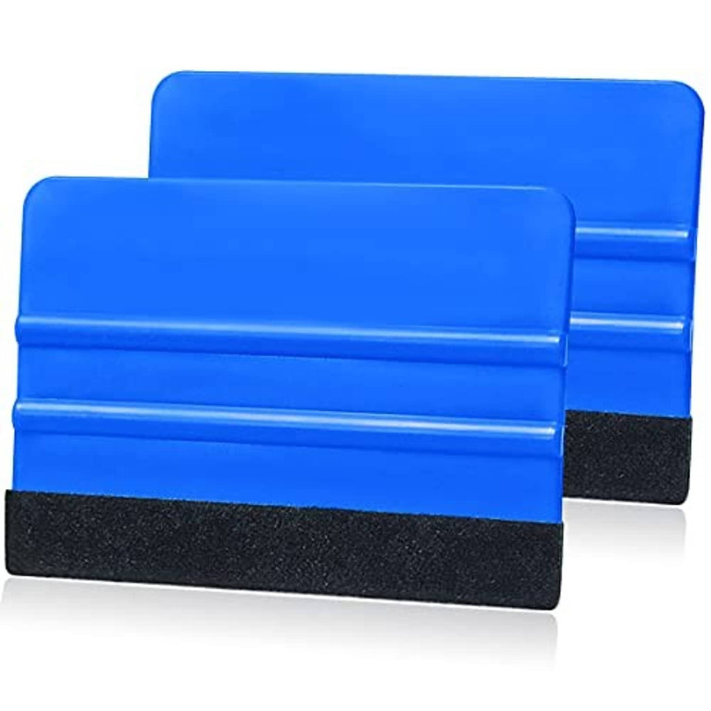 Blue squeegee tool with black felt strip edge and ridged grip handle