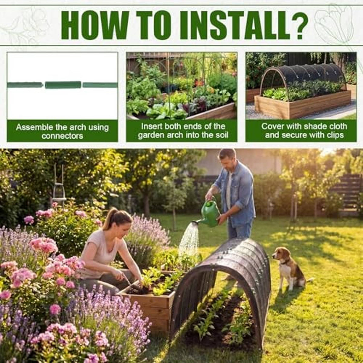 Black garden shade tunnel with hoop frame and clips, shown during installation