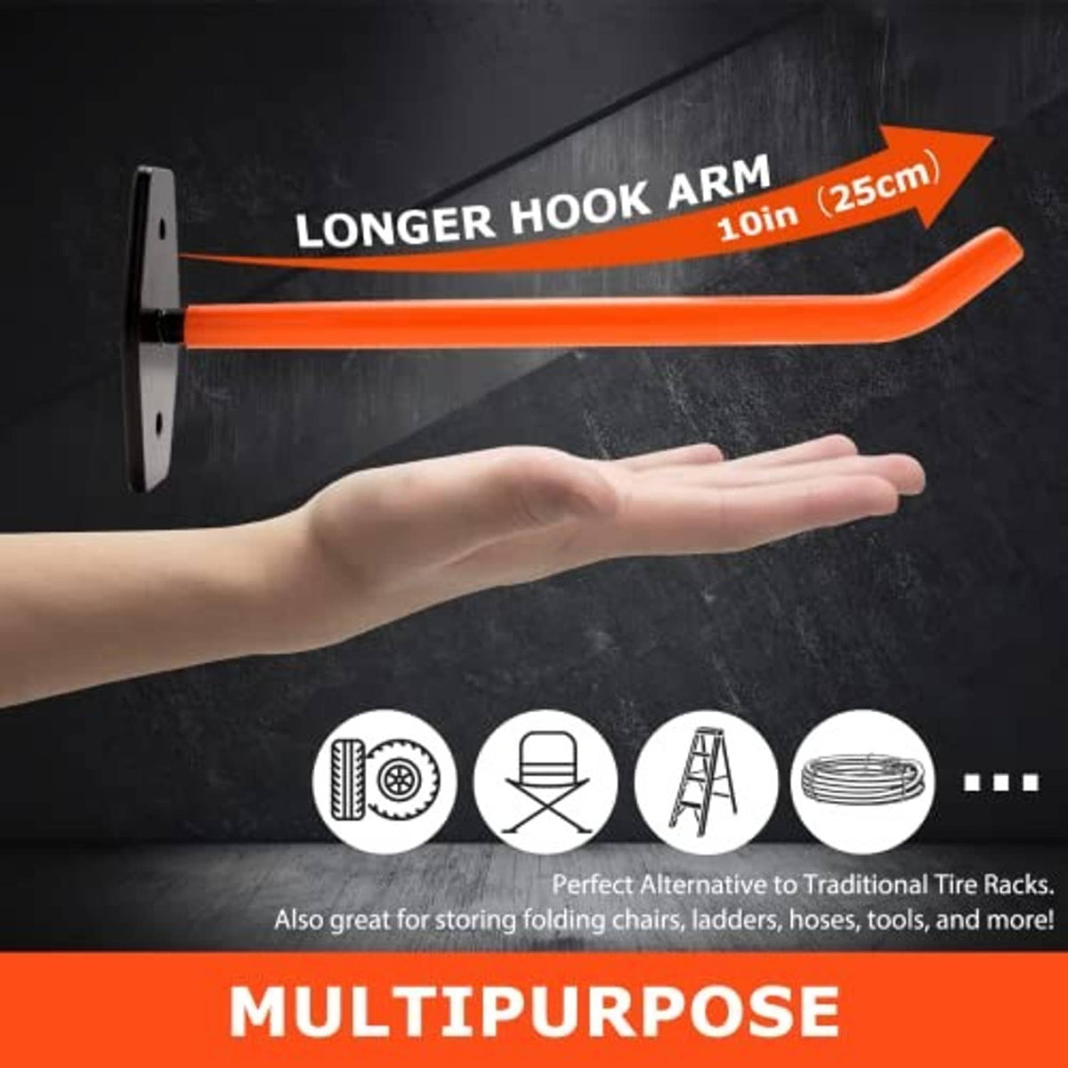 Orange curved wall hook arm on black wall-mount bracket with mounting holes
