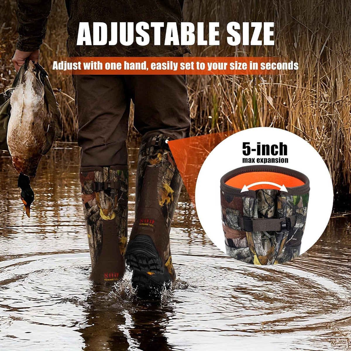 Camo hunting boots with adjustable strap, worn in shallow water near reeds.