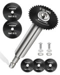Inside PVC pipe cutter tool with black saw blades and metal shaft, with replacement discs