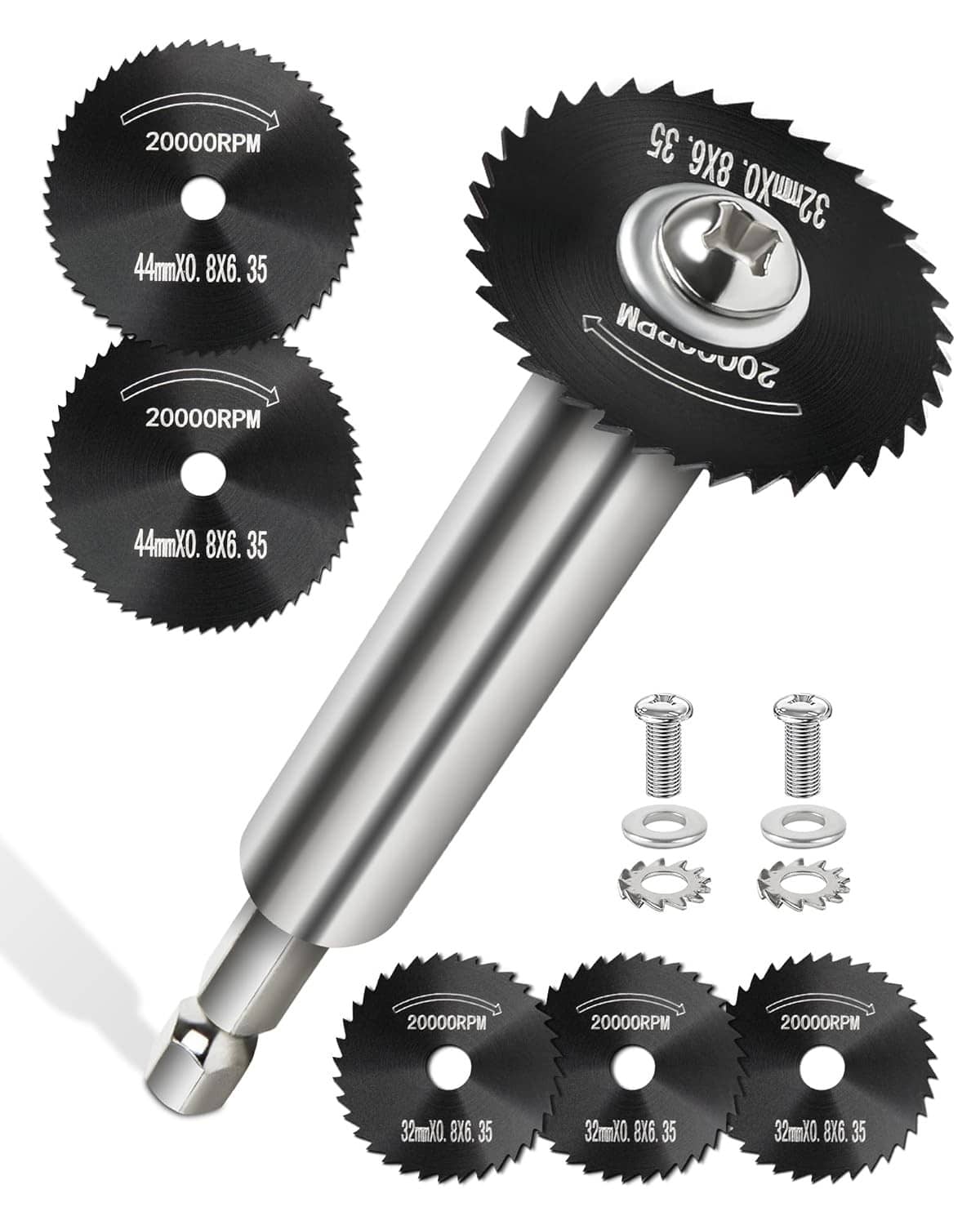 Inside PVC pipe cutter tool with black saw blades and metal shaft, with replacement discs