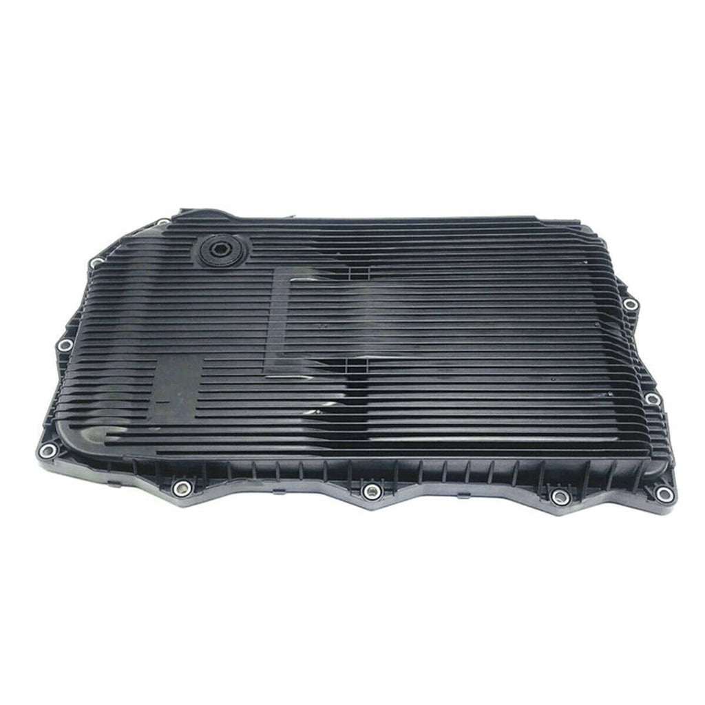Automatic transmission oil pan with dark ribbed filter cover and corner fasteners