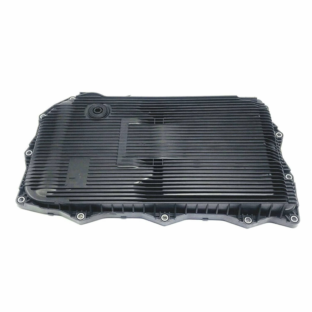 Automatic transmission oil pan with dark ribbed filter cover and corner fasteners