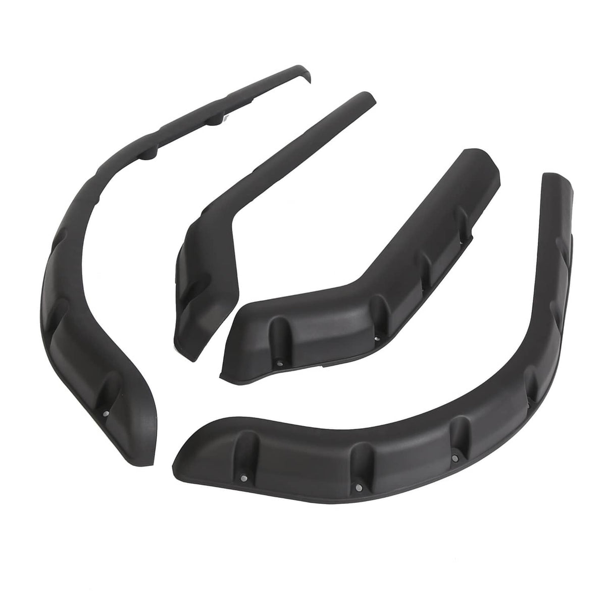 Set of 4 black golf cart fender flares laid out for EZGO TXT installation