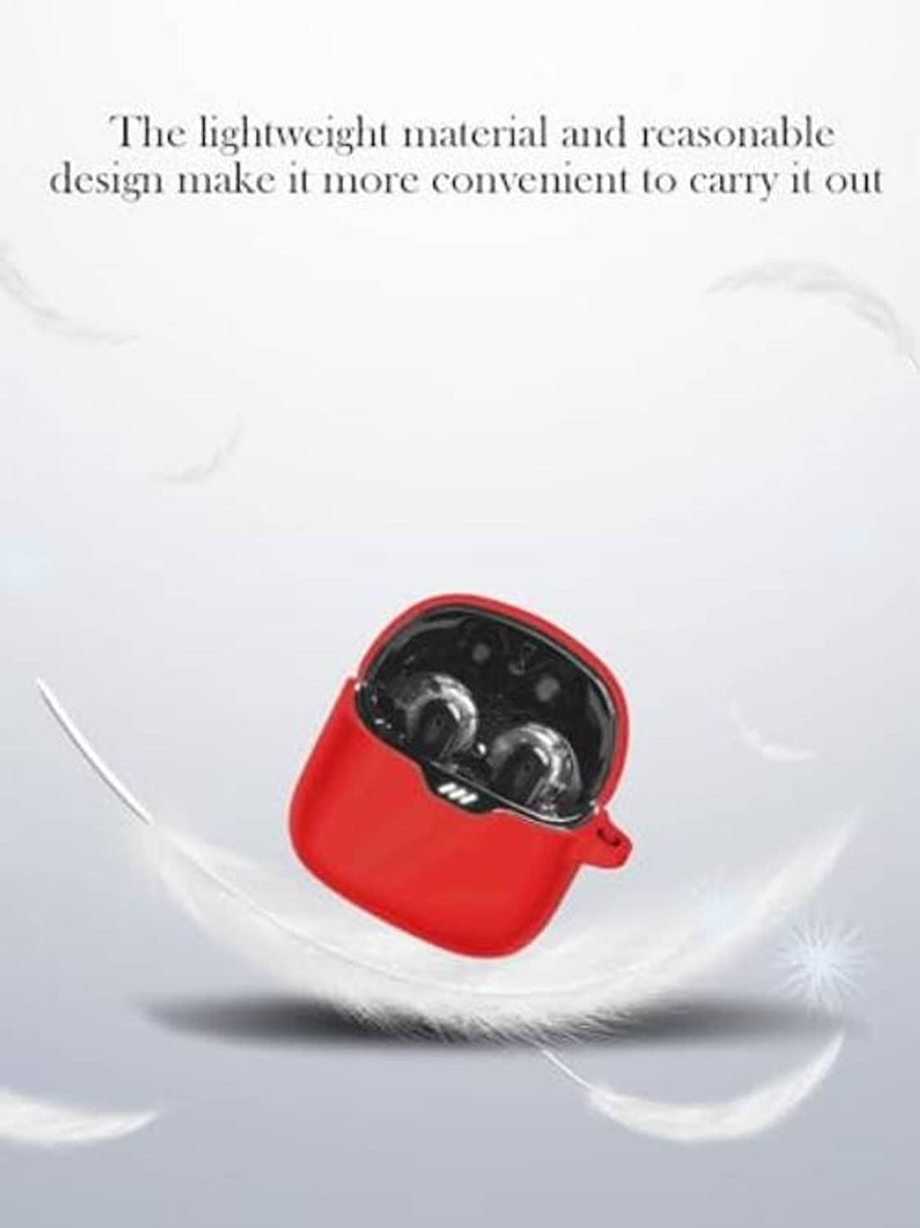 Red silicone earbuds case with open lid, earbuds visible inside