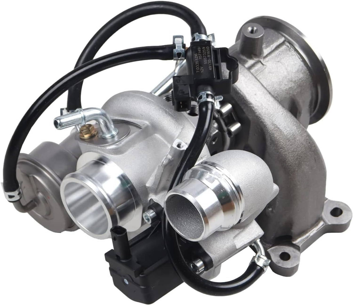 Turbocharger assembly close-up with silver housings and black hose routing