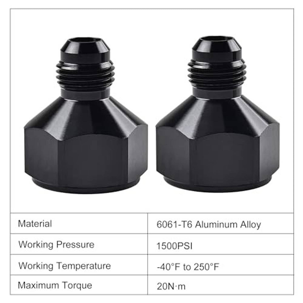 Black AN flare reducer adapter set, 6061-T6 aluminum alloy, two-piece